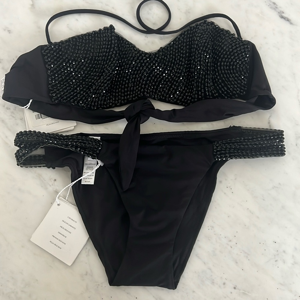 La Perla Bandeau Bikini Top  & Bikini Brief in Black with beading Size US 6